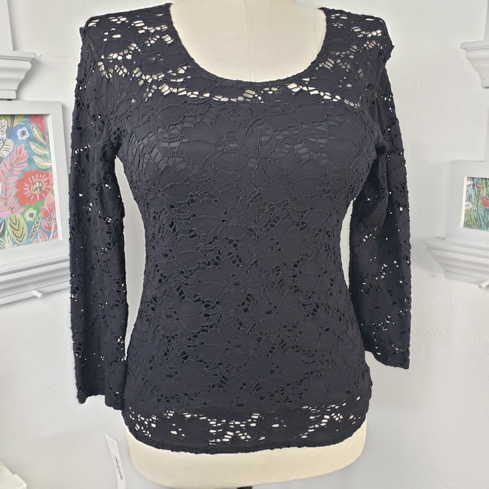 Peck & Peck Black Crochet Mesh Eyelet Sheer Top Pullover NWOT sz Large